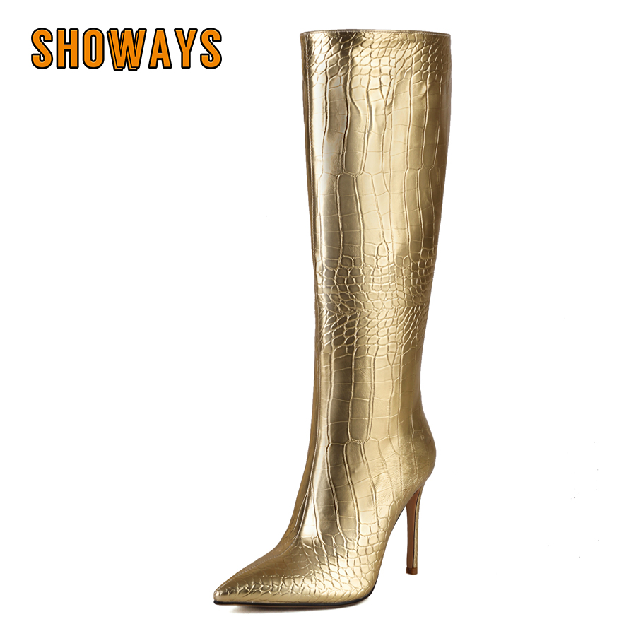 Zip Up Boots Short - Shiny Silver Gold Women Knee High
