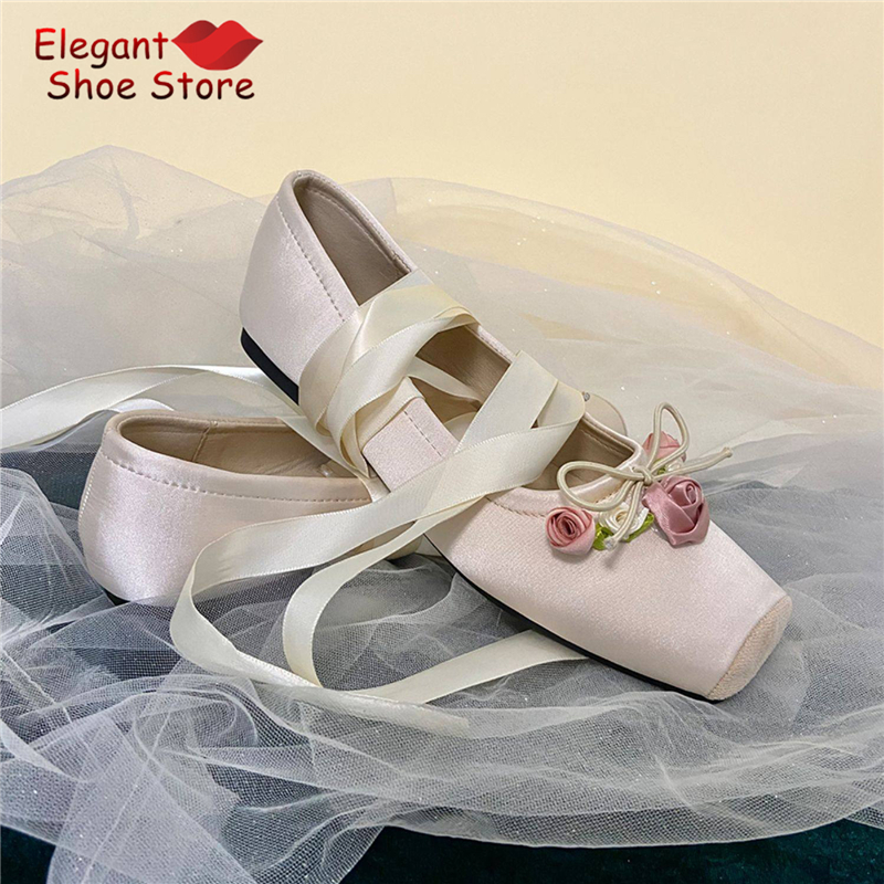 White Pink Rose Decor Satin Ba - Loafer Flat Women incelemesi ve fiyatı