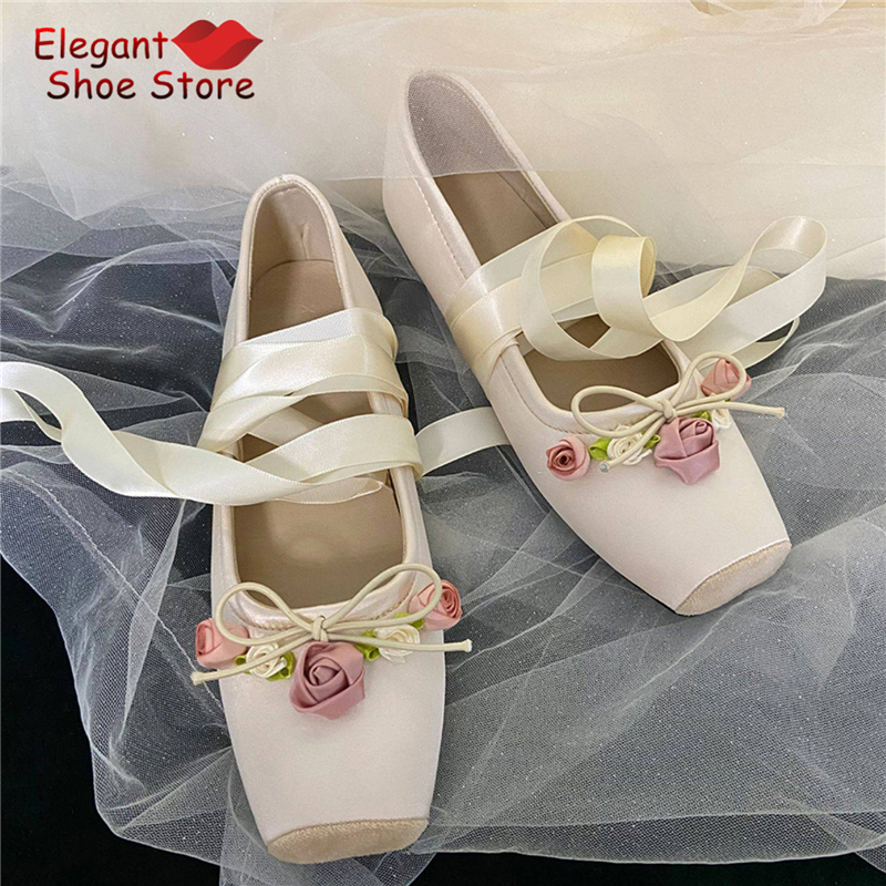 White Pink Rose Decor Satin Ba - Loafer Flat Women incelemesi ve fiyatı